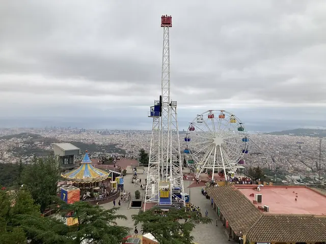 Tibidabo山顶游乐园的摩天轮和巴塞罗那城市远景